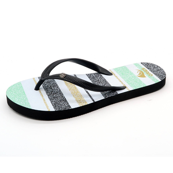 AH-8P027 offre spéciale poudre d'or ajoutée ligne impression PE femme tongs sandales pantoufle