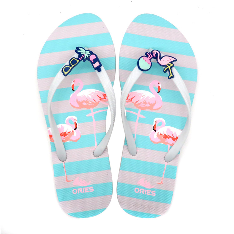 AH-9P067 Chanclas de PE con estampado de flamencos y rayas elegantes para mujer