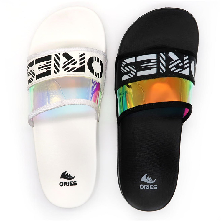 AH-9E116 Laser Reflection Customize Logo Sandalias de diapositivas para mujer