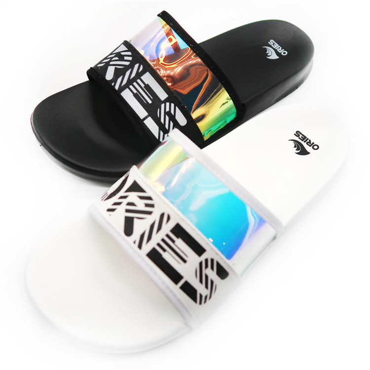 AH-9E116 Laser Reflection Customize Logo Sandalias de diapositivas para mujer