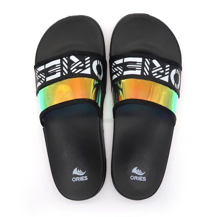 AH-9E116 Laser Reflection Customize Logo Sandalias de diapositivas para mujer