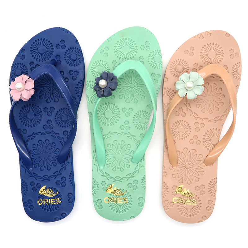 AH-9P106 Tongs de plage pour femmes PE faciles à nettoyer avec ornement fleur