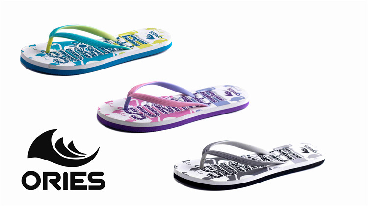 AH-8E030 Semelle intérieure en relief imprimée de couleur vive pour femmes EVA Pantoufles de plage Flip Flop