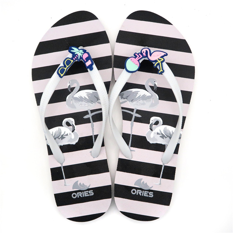 AH-9P067 Chanclas de PE con estampado de flamencos y rayas elegantes para mujer
