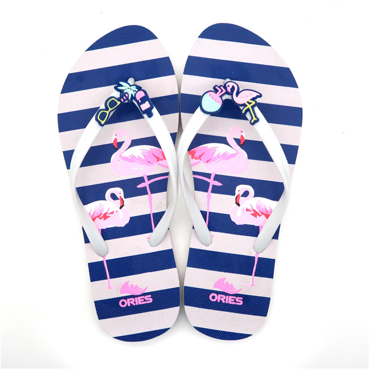 AH-9P067 Chanclas de PE con estampado de flamencos y rayas elegantes para mujer