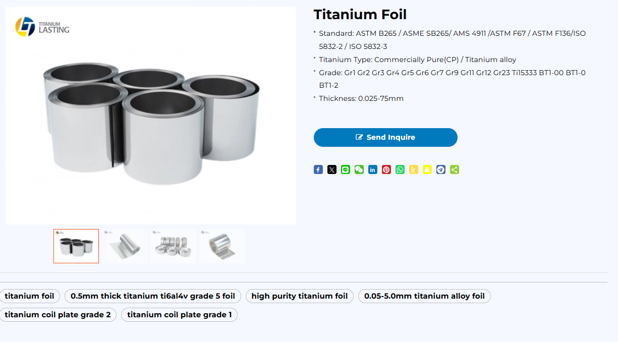 Titanium Foil Product Page Produktseite für Titanfolie