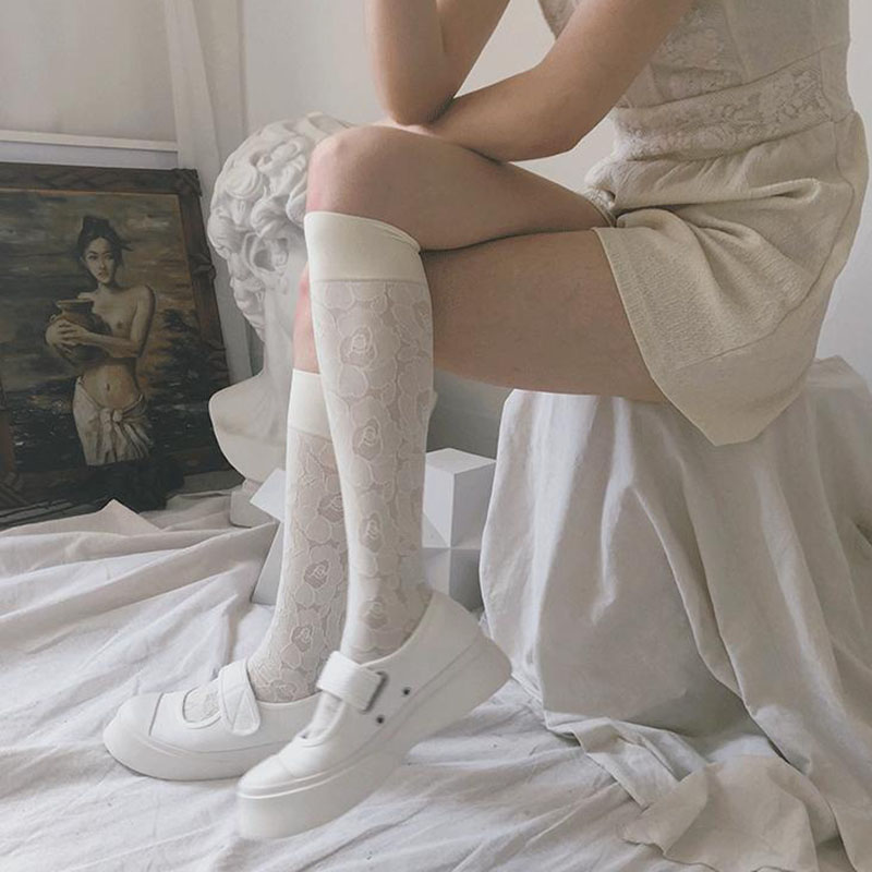 Vintage embroidered leg socks with dark rose lace flowers thigh knee high socks