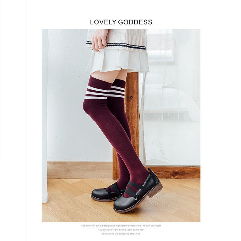 New design lovely Japanese girls ladies over knee socks Striped double needle double way fashionable stockings women's socks