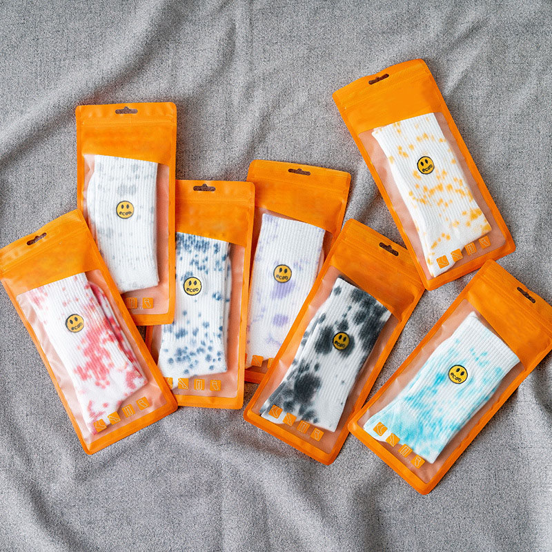 Tie dye ink painting attern tube socks elastic comfortable breathable cotton women knitting crew length socks