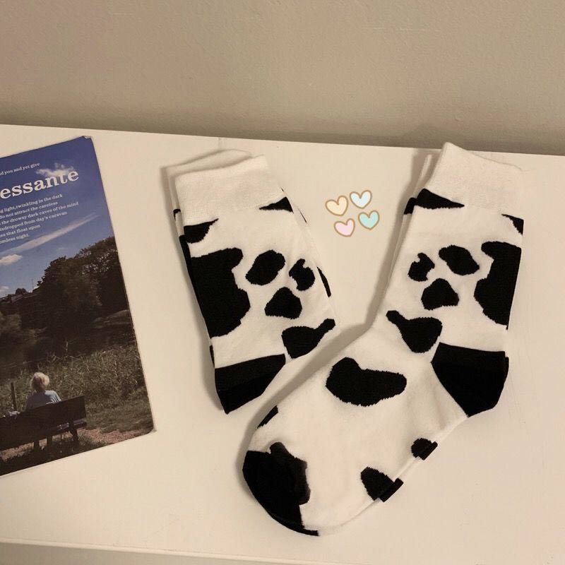 Funny women cow print white cartoon cute animal kawaii happy sock for Girls