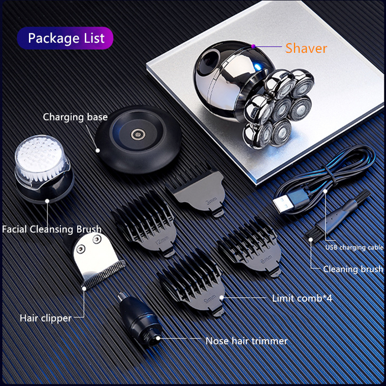 Multifunctional 7D Head Shaver for Bald Men Rechargeable Waterproof Razor 5 in 1 Floating Shaving Grooming Kit LED Display