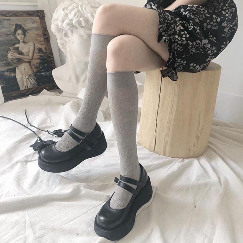 Vintage embroidered leg socks with dark rose lace flowers thigh knee high socks