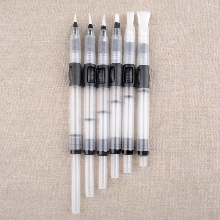 Syringe Push Long Barrel Water Brush Pens Set of 6 Assorted Tips Round and Flat