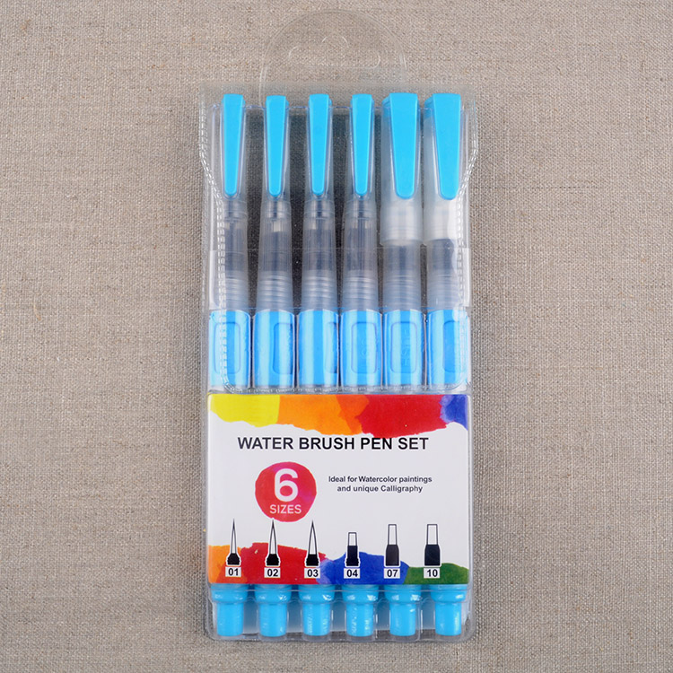 Push Long Barrel Water Brush Pens Set of 6 Assorted Tips Round and Flat