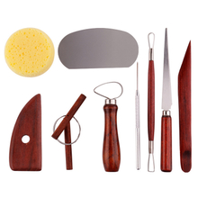 9pcs Red Wooden Handle Clay And Pottery Tool Kit