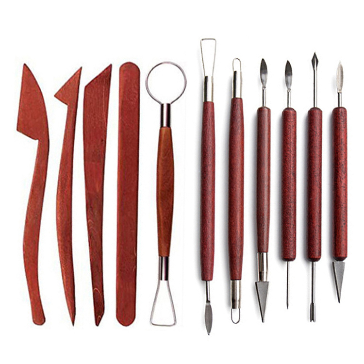 11pcs Red Wooden Handle Pottery and Clay Tool Kit