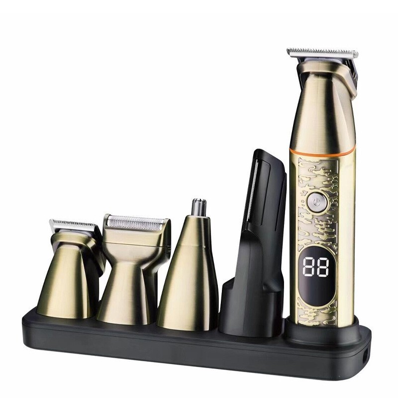 Professional Zinc Alloy Electric USB Rechargeable Hair Clipper 5 in 1 Grooming Cordless Close Cutting T-blade Trimmer for Men