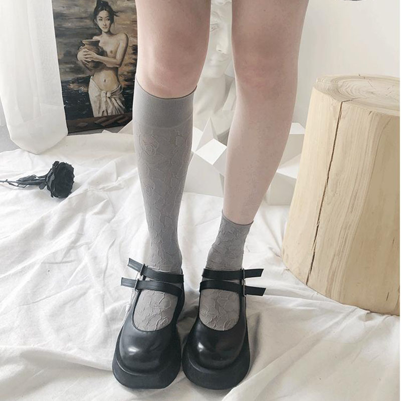 Vintage embroidered leg socks with dark rose lace flowers thigh knee high socks