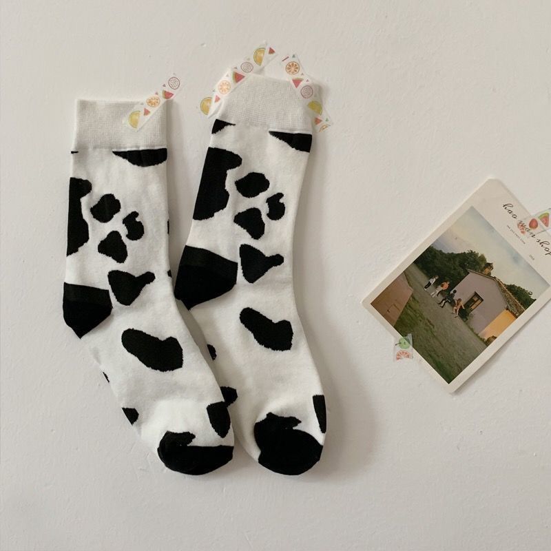 Funny women cow print white cartoon cute animal kawaii happy sock for Girls