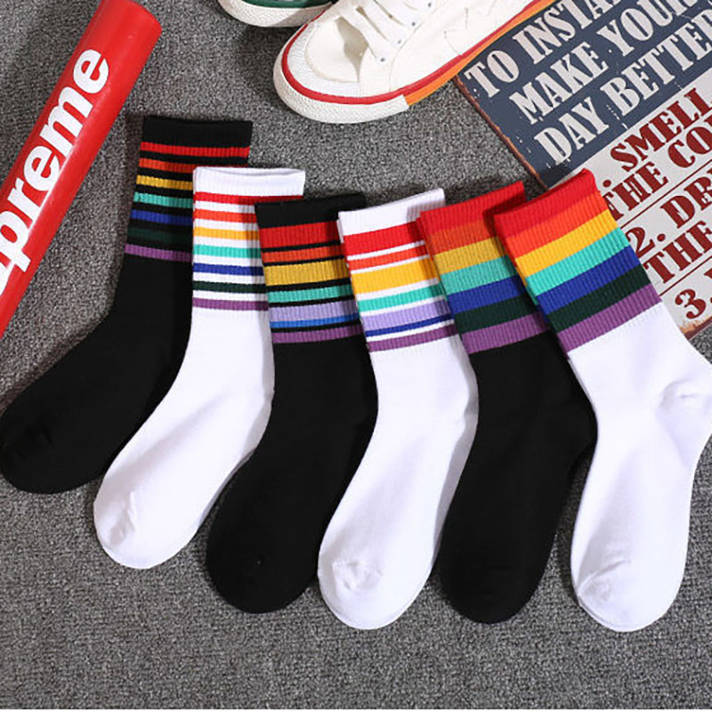 Factory wholesale New style girls Student rainbow color striped pop socks ladies woman colored socks
