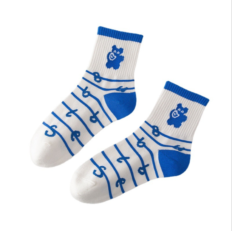 Wholesale Blue bear cute Custom Fashionable 100% cotton breathable crew women socks