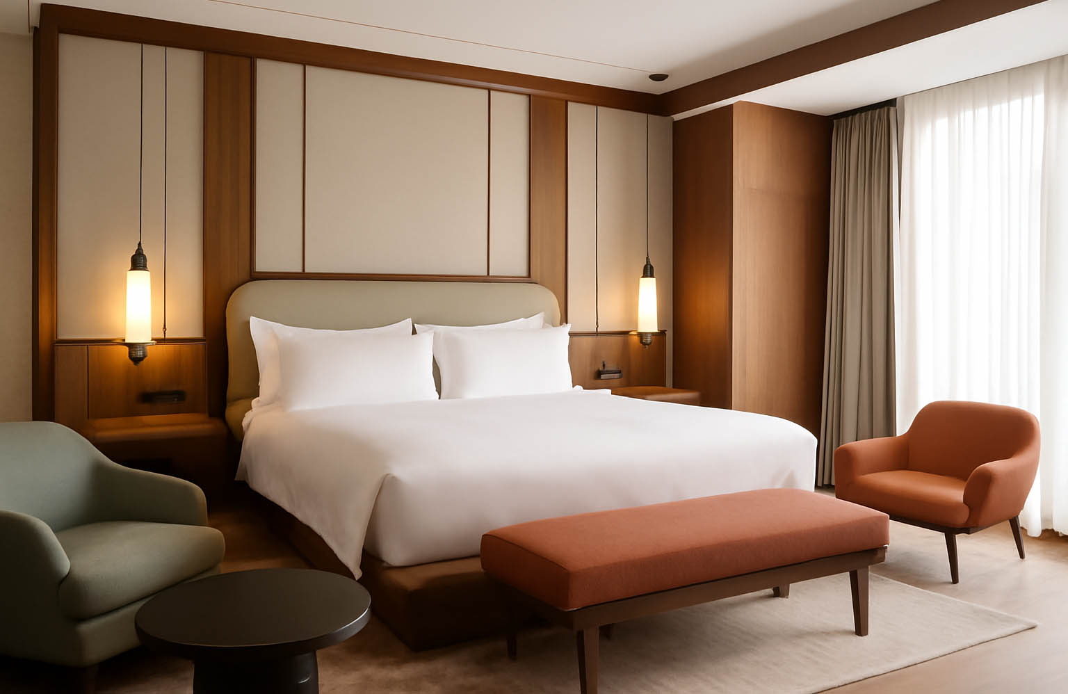 modernes Hotelzimmer mit maßgeschneiderten Möbeln