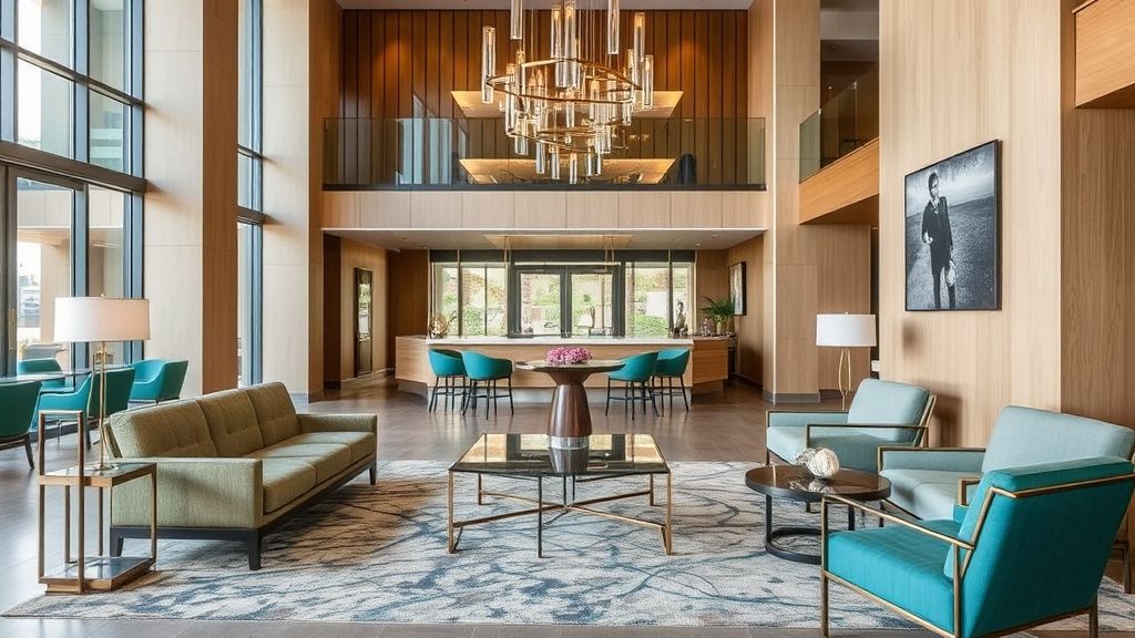 Vestíbulo del hotel con muebles modernos y sostenibles que incorporan materiales reciclados como metal y vidrio.
