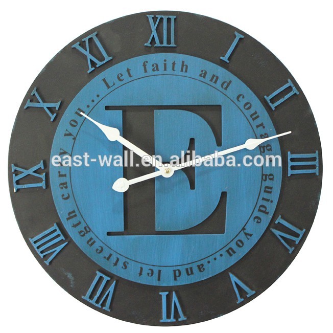 Carved Blue Painted Alphabet MDF Living Room Decorative Wall Clocks