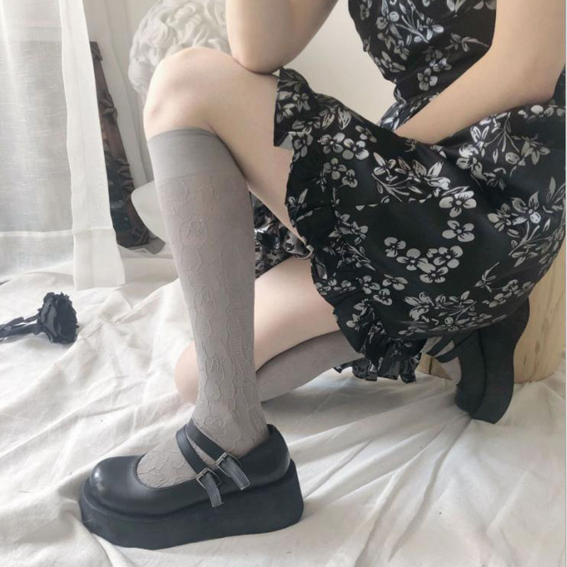 Vintage embroidered leg socks with dark rose lace flowers thigh knee high socks