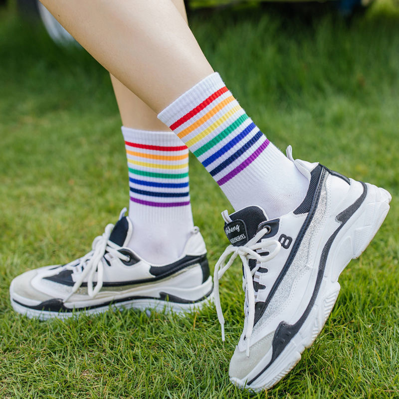 Factory wholesale New style girls Student rainbow color striped pop socks ladies woman colored socks