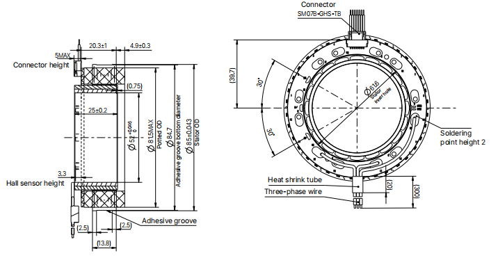 Disegno motore senza telaio 85ZWC25X-1 da 85 mm