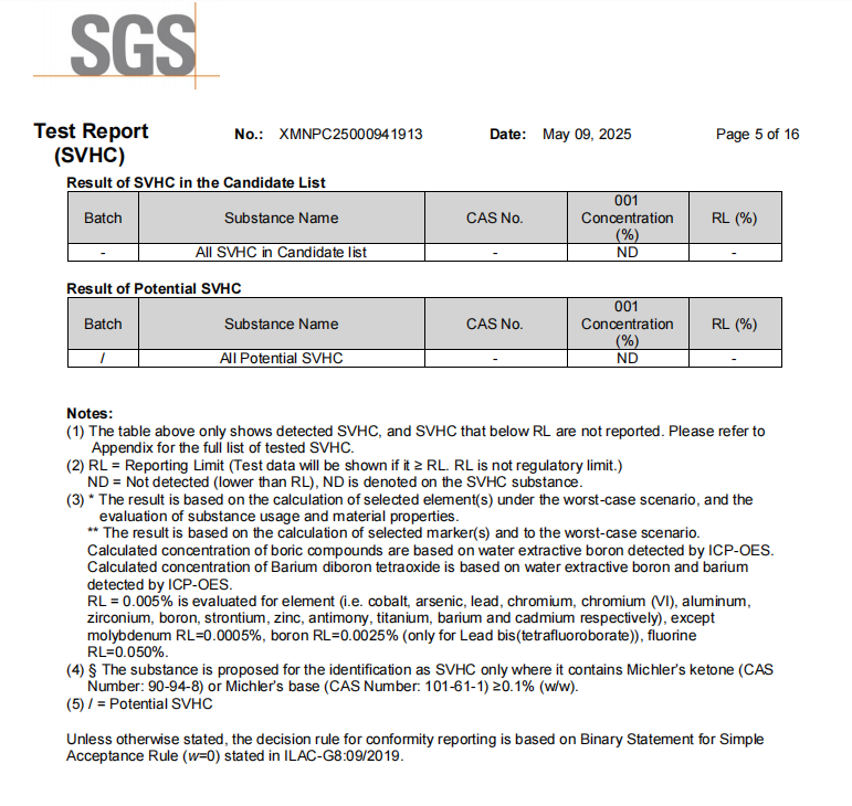 juhong-stretch-film-sgs-reach-report-nd-pfas-free-compliance Rapport de test SGS pour le film étirable Juhong indiquant « ND » (non détecté) pour les substances dangereuses, confirmant la conformité sans PFAS et RoHS pour l'exportation mondiale.