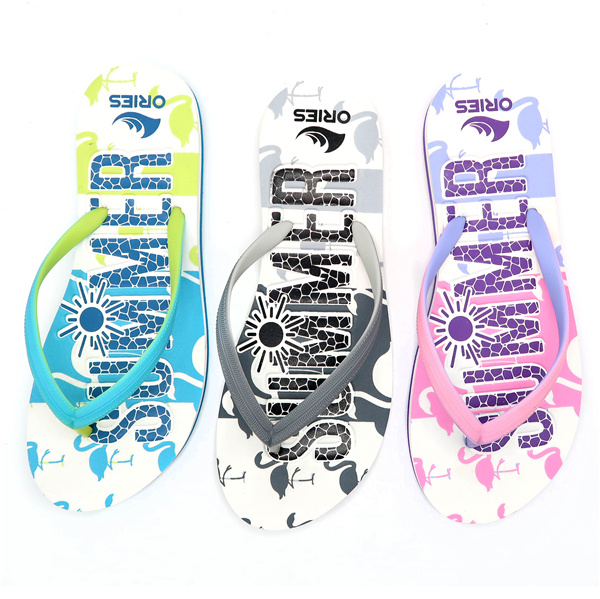 AH-8E030 Semelle intérieure en relief imprimée de couleur vive pour femmes EVA Pantoufles de plage Flip Flop