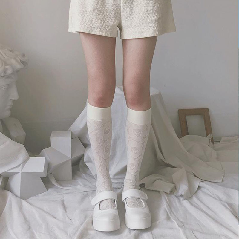 Vintage embroidered leg socks with dark rose lace flowers thigh knee high socks