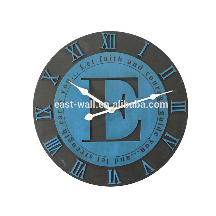 Carved Blue Painted Alphabet MDF Living Room Decorative Wall Clocks