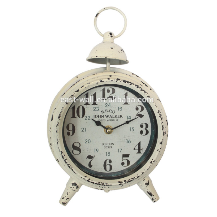 Vintage French Style White Iron Metal Table Clock with Alarm