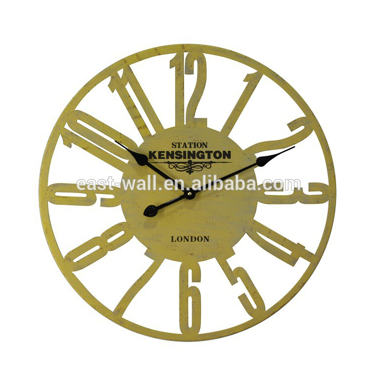 Yellow Iron Dial Customized Clock Logo Modern Metal Wall Clock