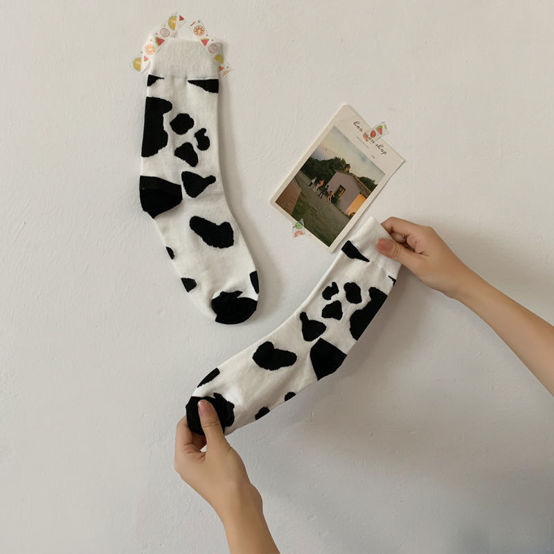 Funny women cow print white cartoon cute animal kawaii happy sock for Girls