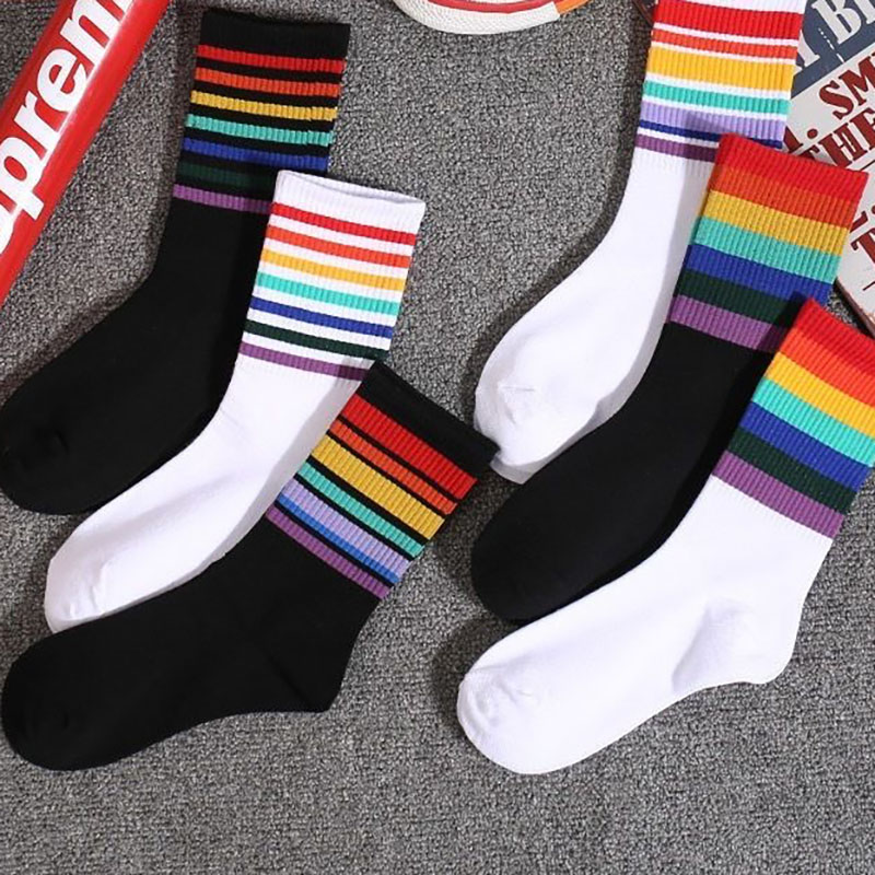 Factory wholesale New style girls Student rainbow color striped pop socks ladies woman colored socks