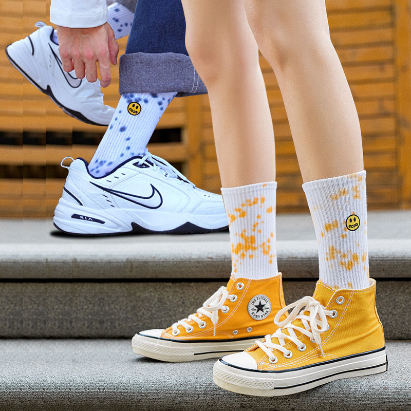 Tie dye ink painting attern tube socks elastic comfortable breathable cotton women knitting crew length socks