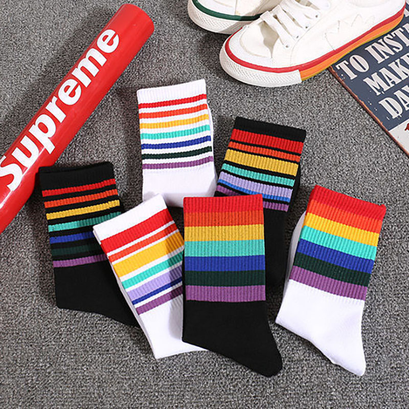 Factory wholesale New style girls Student rainbow color striped pop socks ladies woman colored socks