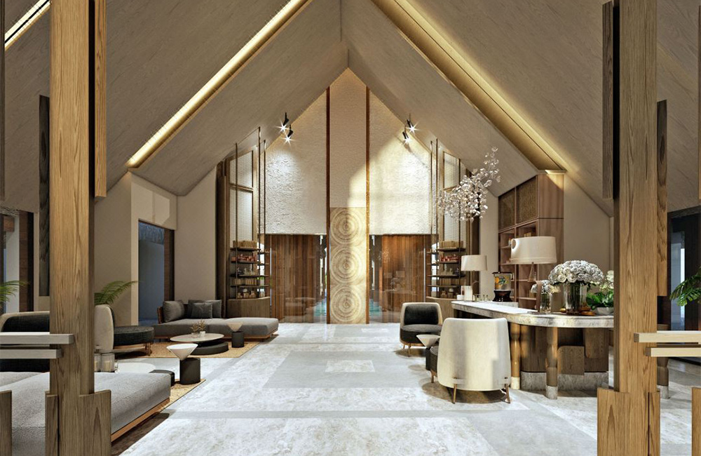 luxurious hotel lobby featuring high vaulted ceilings, elegant wooden accents, and modern furnishings bathed in natural light lujoso vestíbulo del hotel con techos altos abovedados, elegantes detalles en madera y muebles modernos bañados en luz natural
