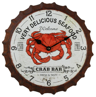Large Round Crab Pattern Vintage Wall Clock Decor Custom Logon, Bottle Cap Unique Wall Clock Designs