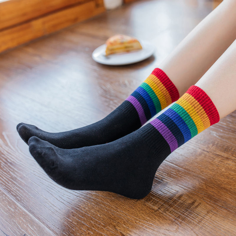 Factory wholesale New style girls Student rainbow color striped pop socks ladies woman colored socks