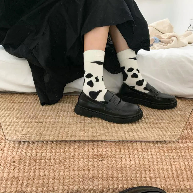Funny women cow print white cartoon cute animal kawaii happy sock for Girls