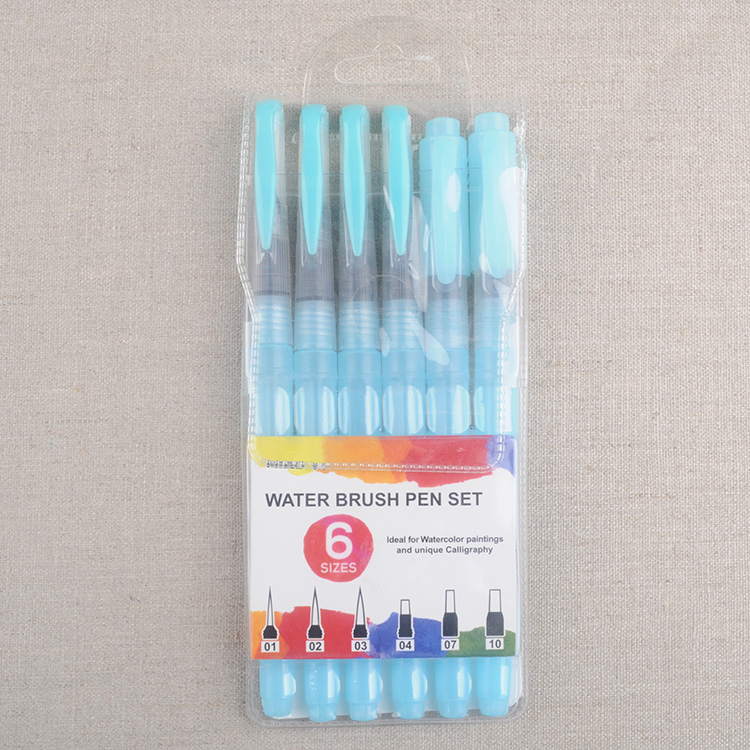 Long Barrel Water Brush Pens Set of 6 Assorted Tips Round and Flat