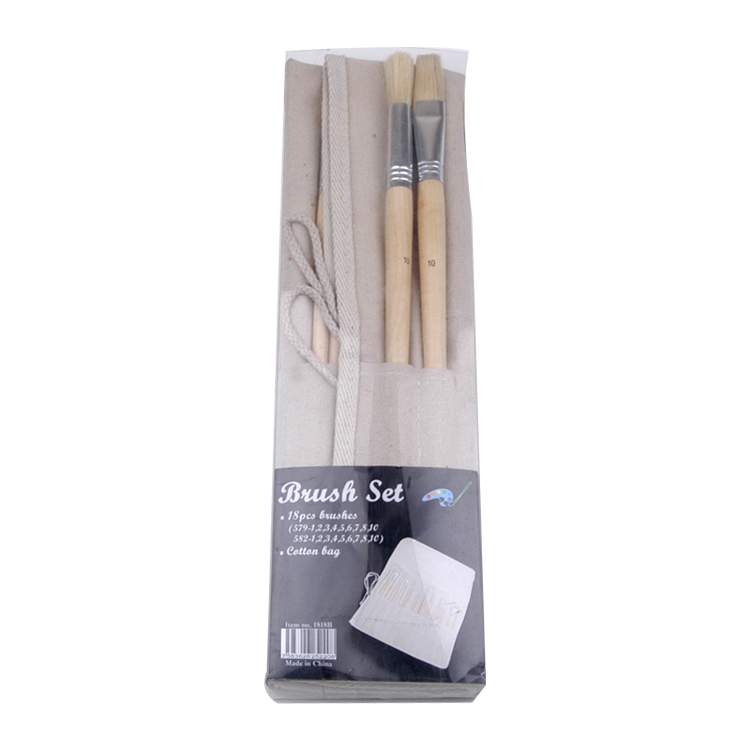 18pcs Long Wooden Handle Bristle Brush Set in Canvas Roll-up Bag
