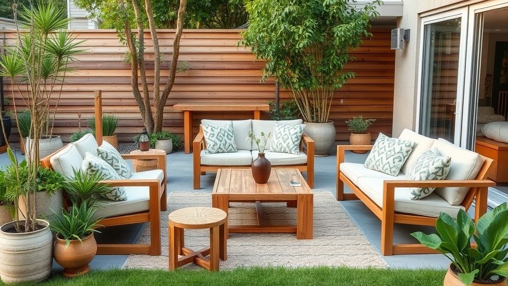 Patio exterior con muebles de exterior sostenibles hechos de bambú y madera reciclada.