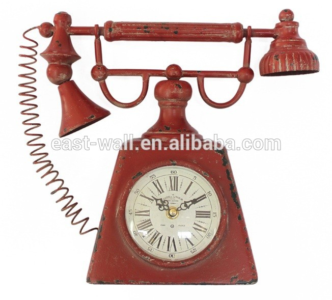 vintage red telephone shape iron table clock roman numerals
