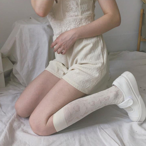 Vintage embroidered leg socks with dark rose lace flowers thigh knee high socks